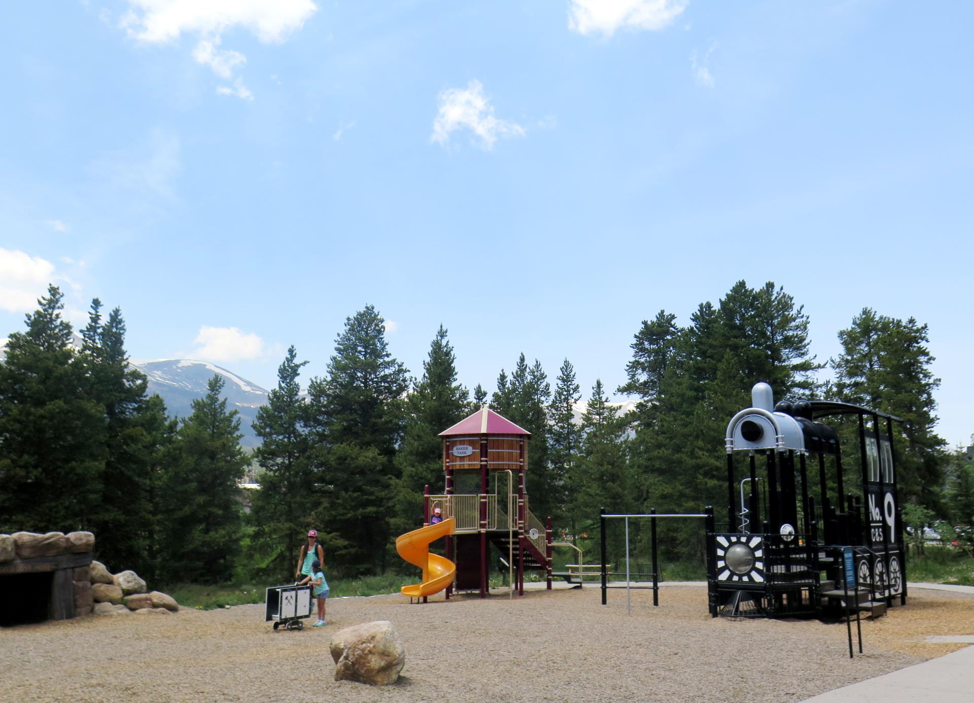 Highline Railroad Park Playground in front of pine trees