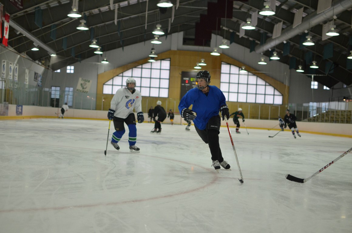 Adult hockey players skating